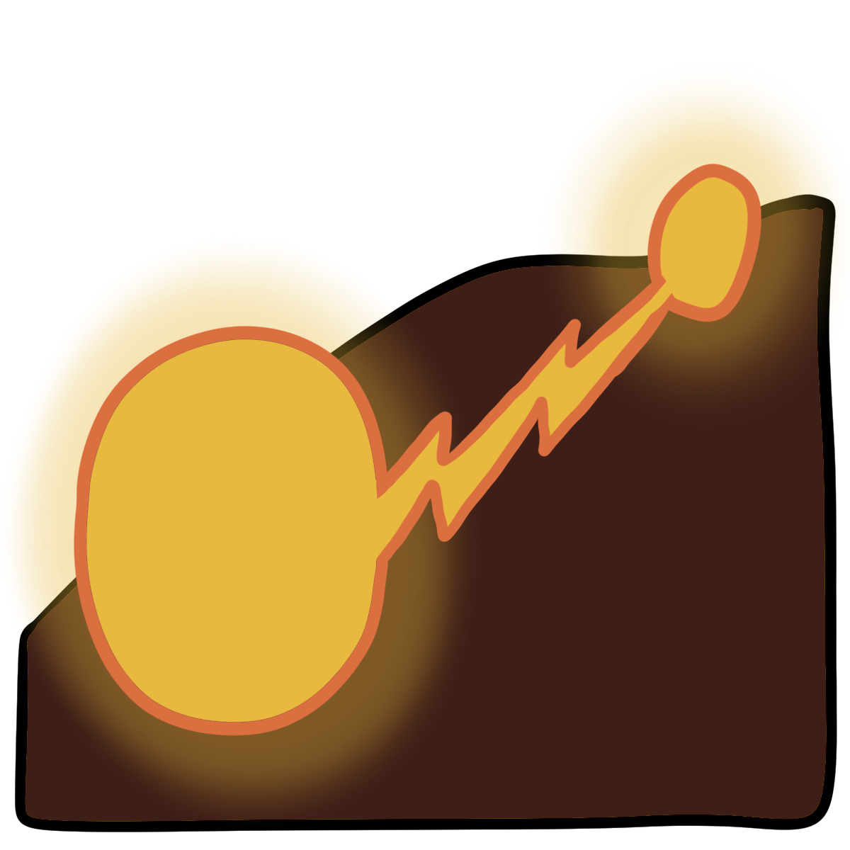 A glowing yellow oval connected by a jagged yellow line to a smaller yellow oval. Curved dark brown skin fills the bottom half of the background.